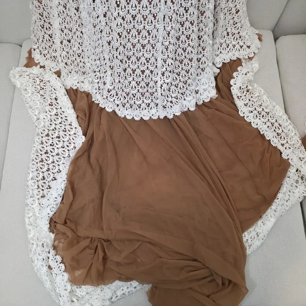 Daughters of Simone Anthro Nude Nev Crochet Lace Wedding Lined Boho Gown 4XL - Picture 5 of 12